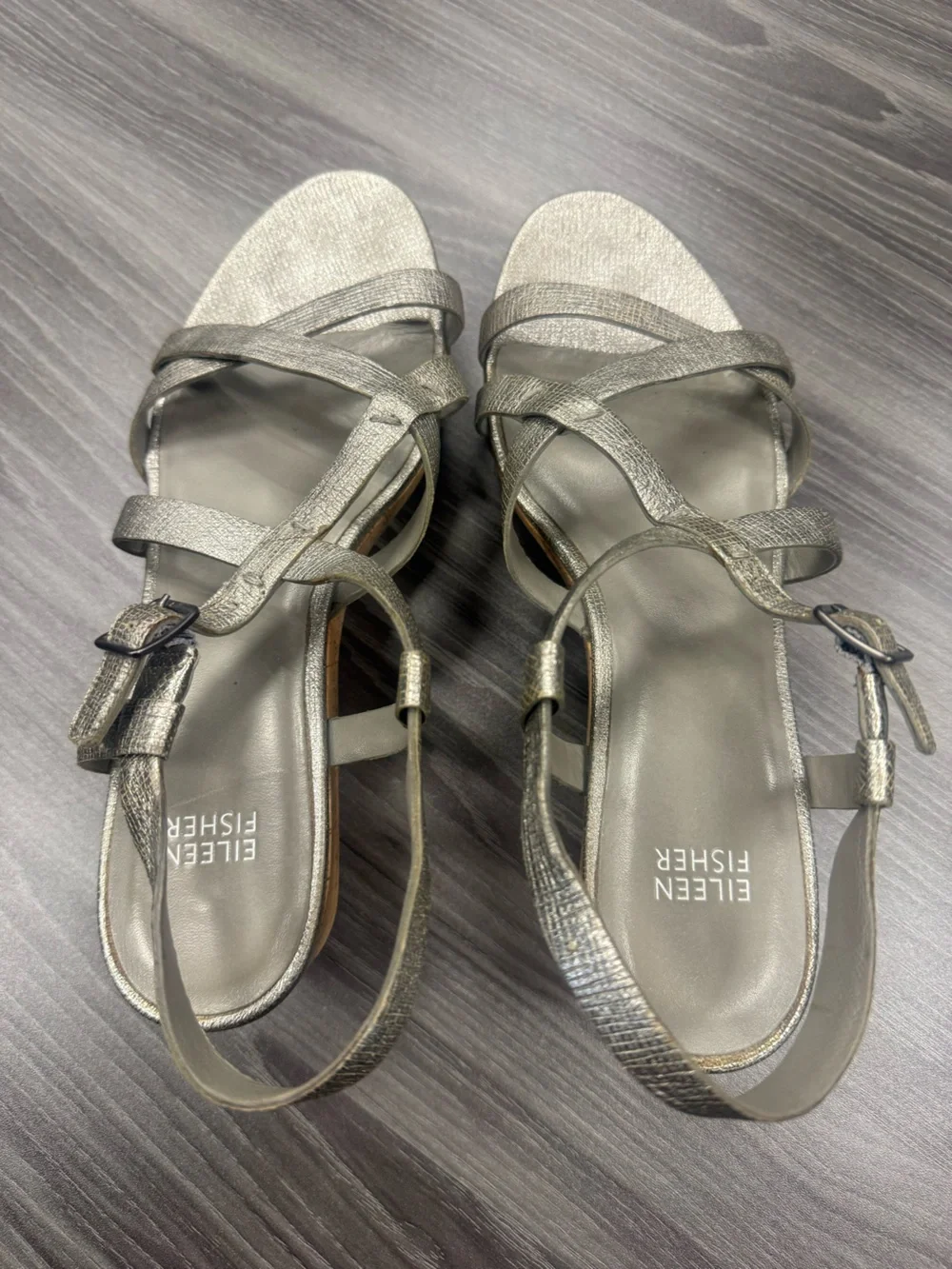 Eileen Fisher Array Cork Platform Women’s Sandals Size 9 Metallic Silver